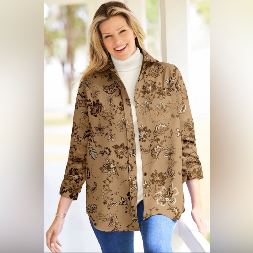 Woman Within 22/24 1x Brown Floral Suede Moleskin Long Sleeve Button Down